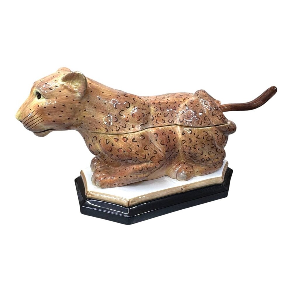 Hand-Painted Ceramic Leopard Tureen in Tan